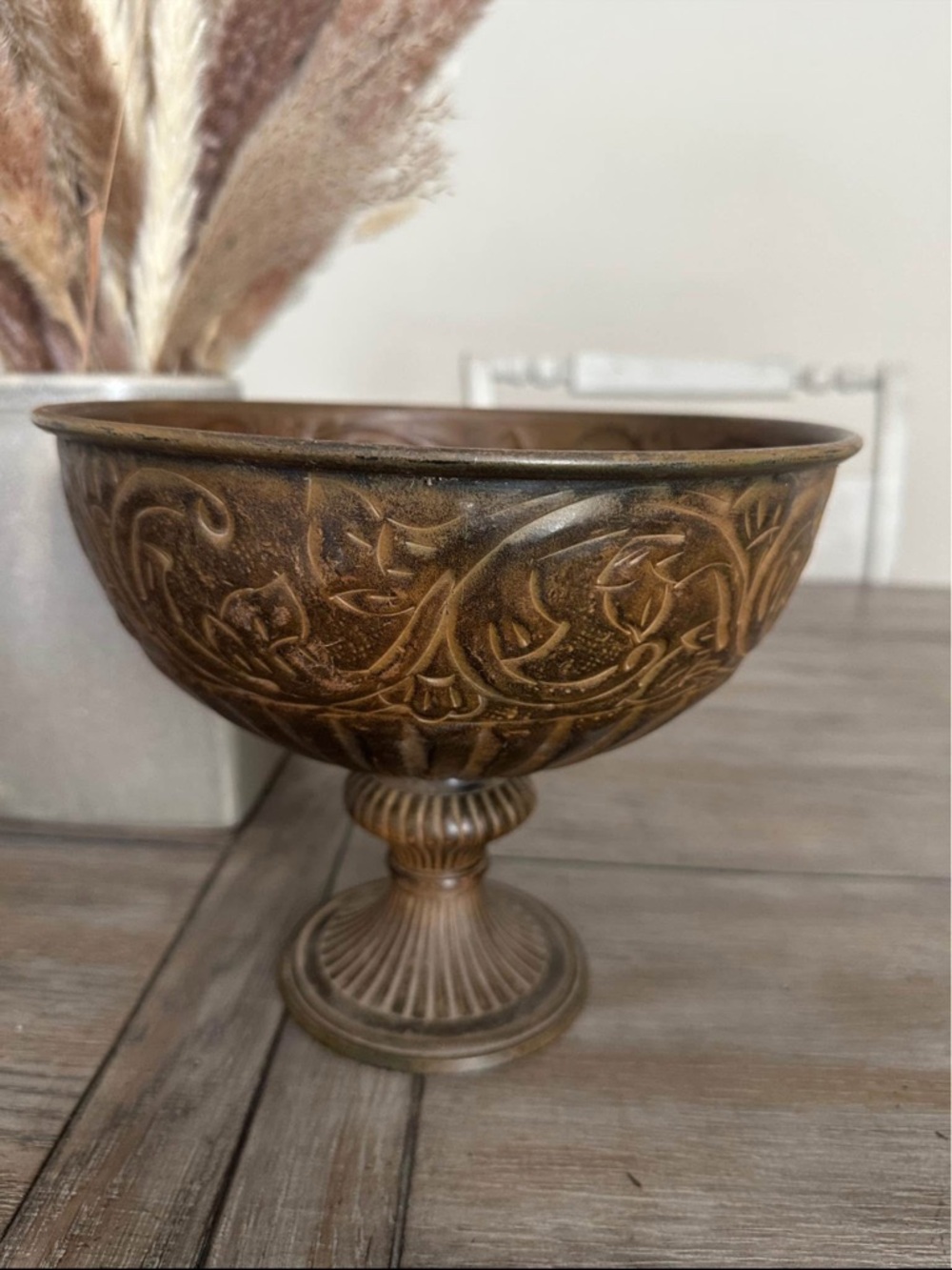 Vintage Metal Bowl Footed Pedestal Dish Compote Boho